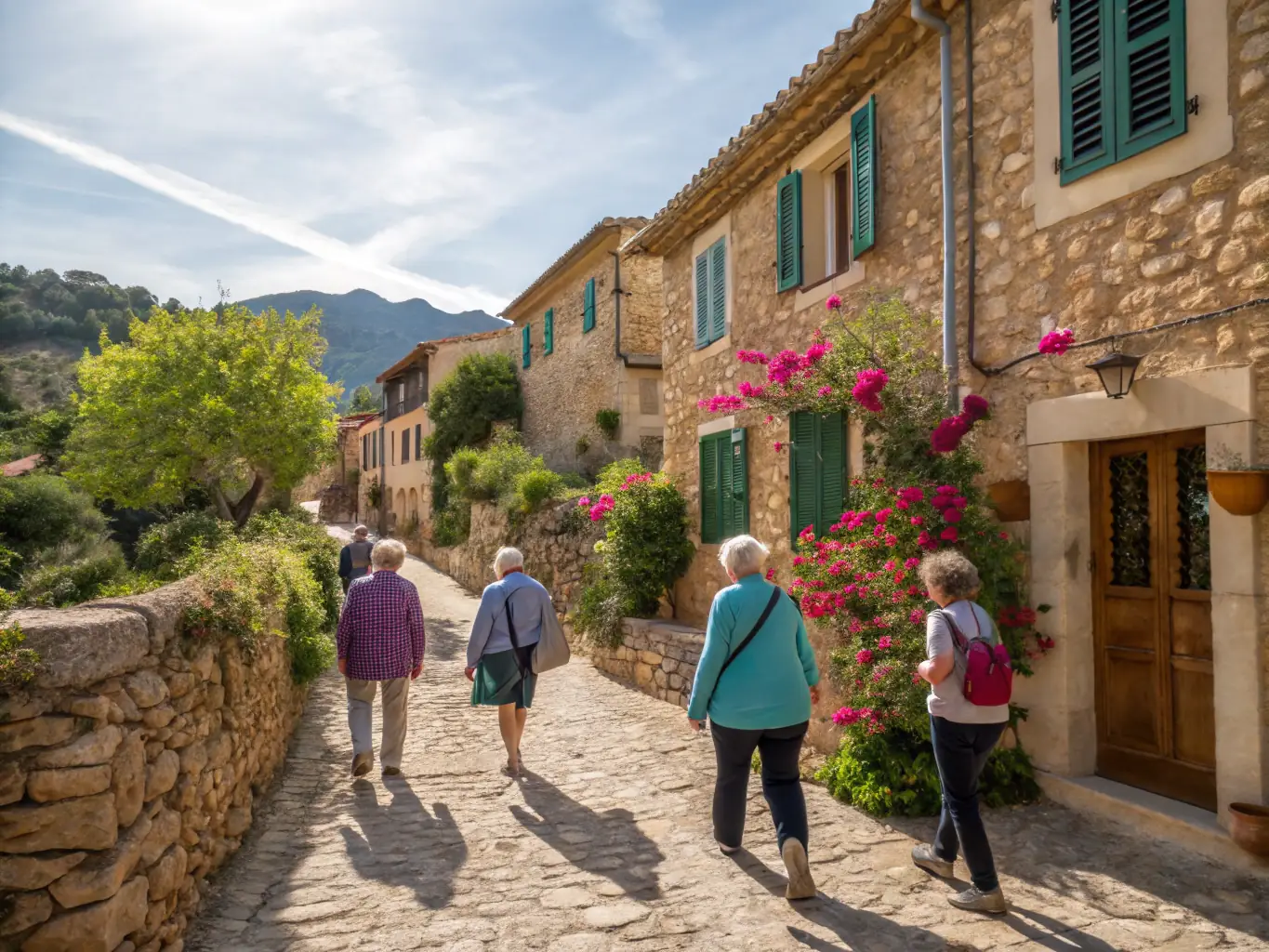 An outdoor guided walking tour with a local historian leading a group past historic village landmarks under spring sunlight.