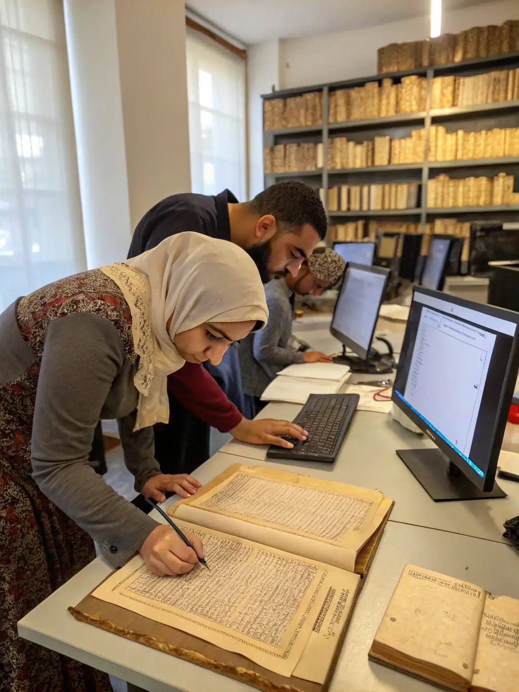 A high-resolution photograph of volunteers carefully sorting and cataloguing old handwritten letters and black-and-white photographs in a well-lit archival room, representing the document preservation efforts of ARCHIVES DE LA BRENETTE.