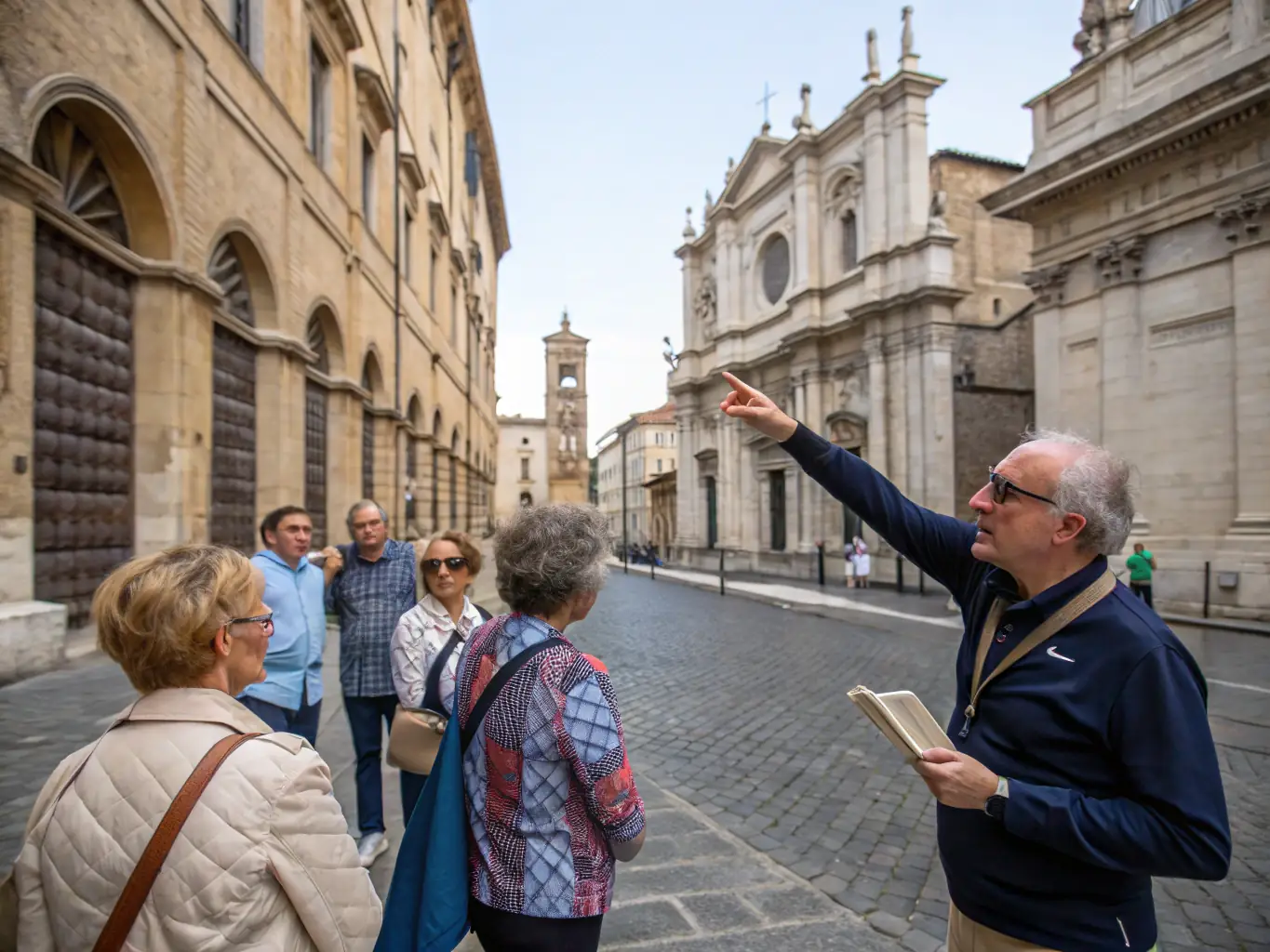 A group of adults and children walking through the village of Frôlois, stopping at historical landmarks, with a knowledgeable guide sharing stories and pointing out architectural details, capturing the spirit of a heritage walk.
