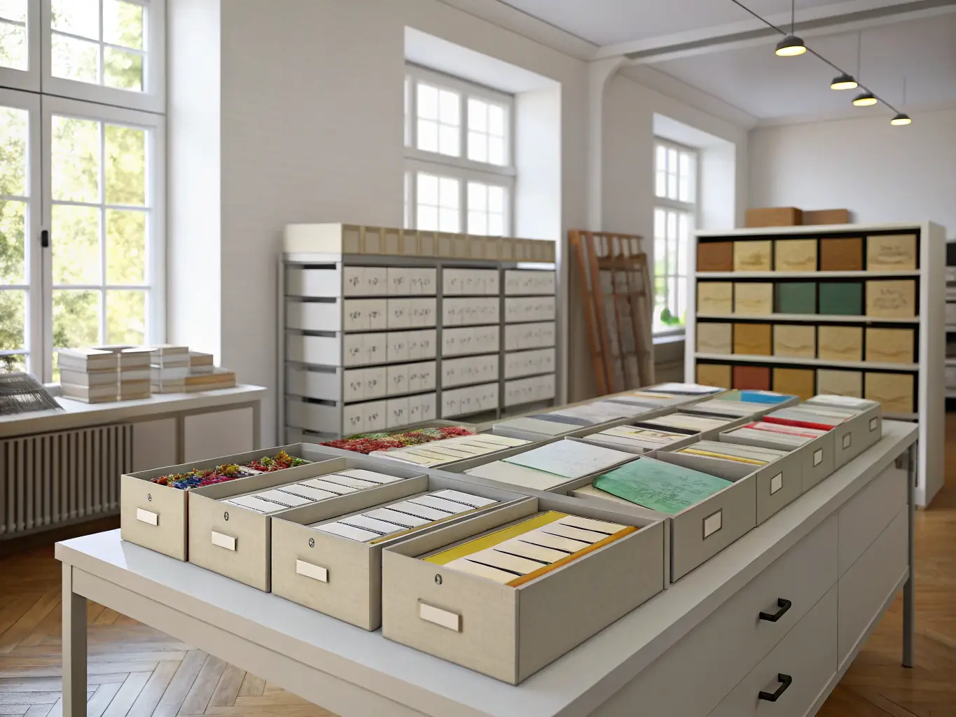 A bright, inviting archive room with volunteers carefully cataloging historical documents and photographs, shelves lined with labeled boxes and vintage books, and a sense of focused collaboration, representing the preservation efforts of ARCHIVES DE LA BRENETTE.
