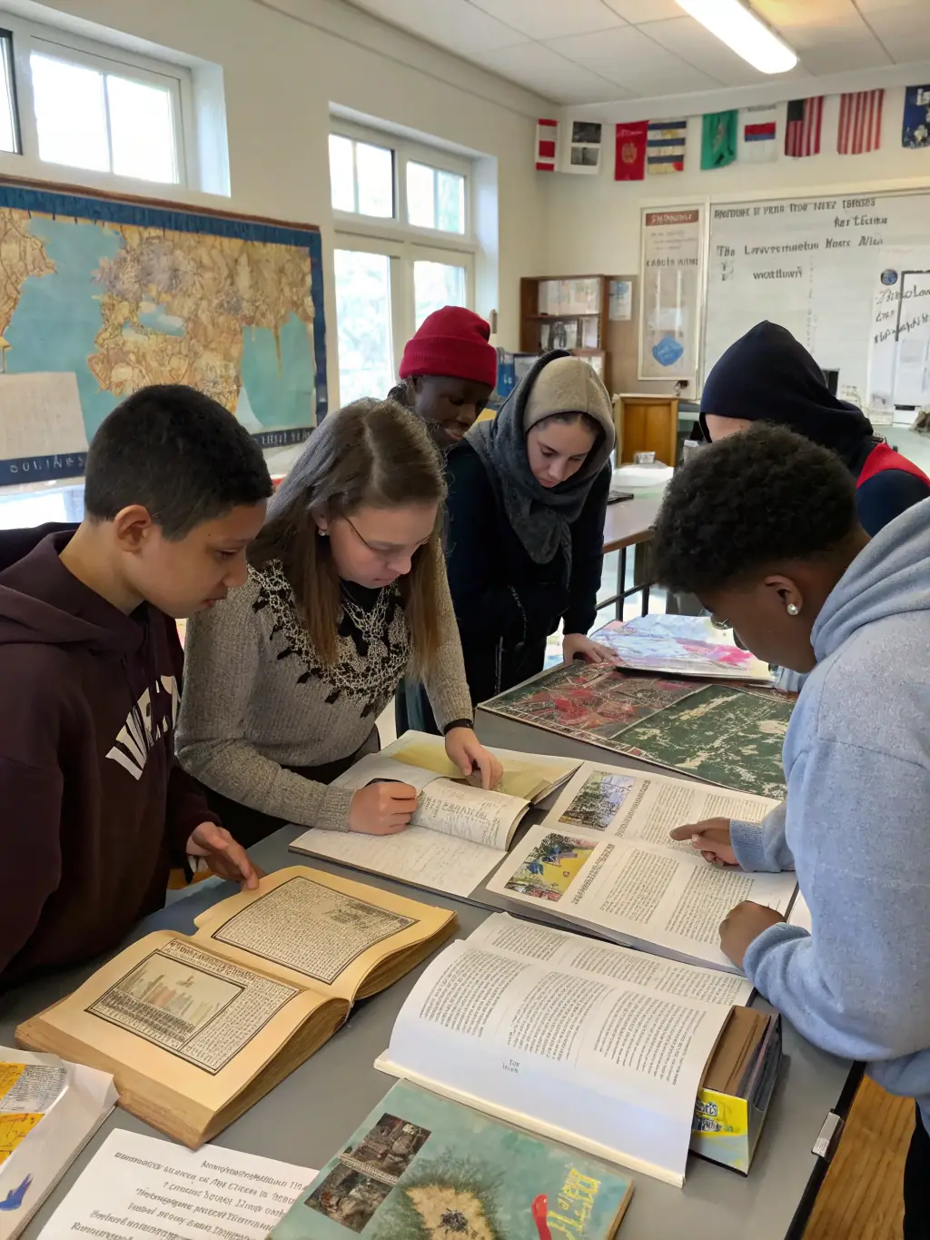 A vibrant image of children and adults gathered around a table, examining historical maps and artifacts, with a knowledgeable guide explaining their significance during an educational outreach session.