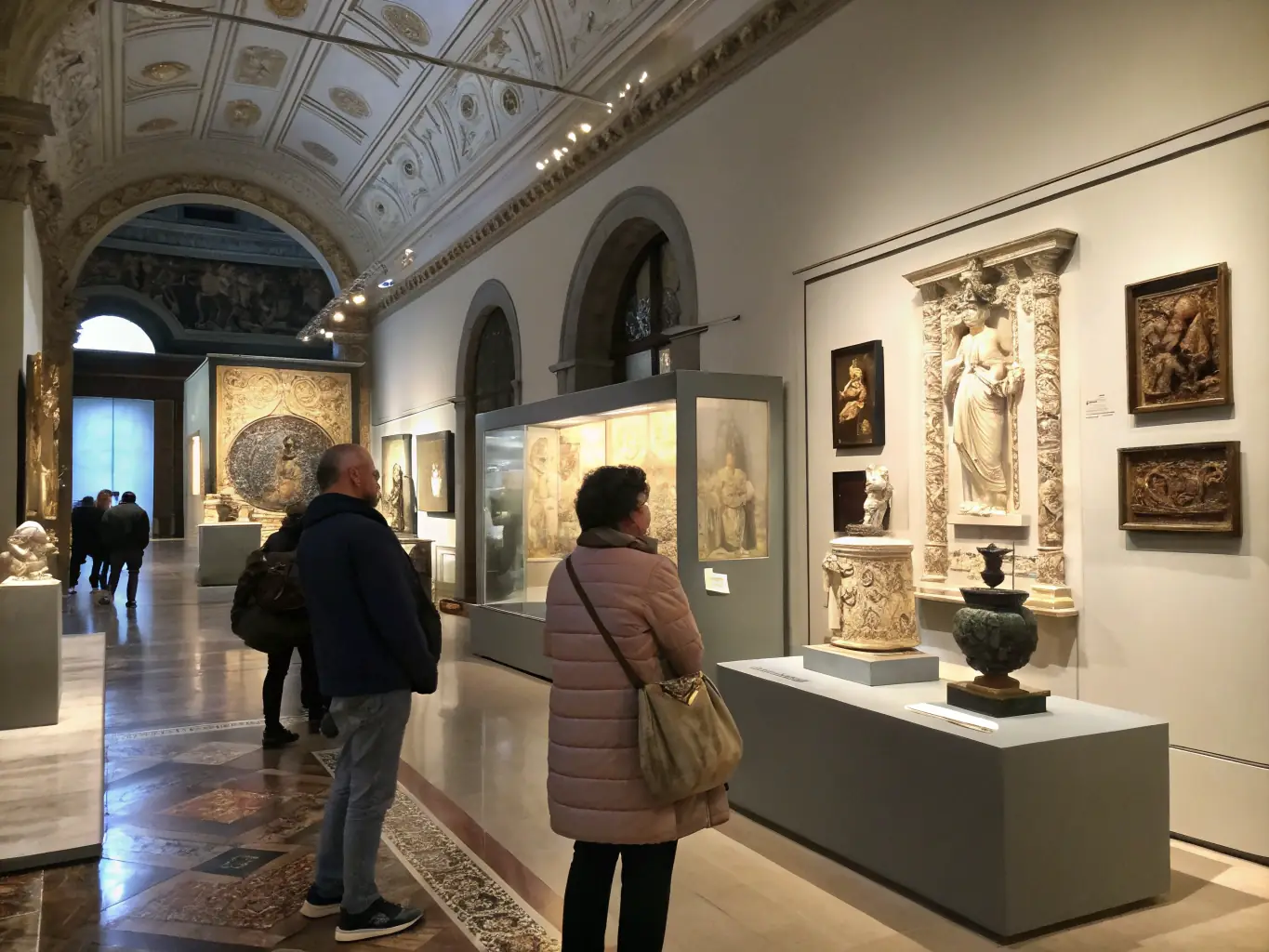 A vibrant exhibition hall with display cases of old manuscripts, maps, and artifacts, with visitors engaging and discussing.