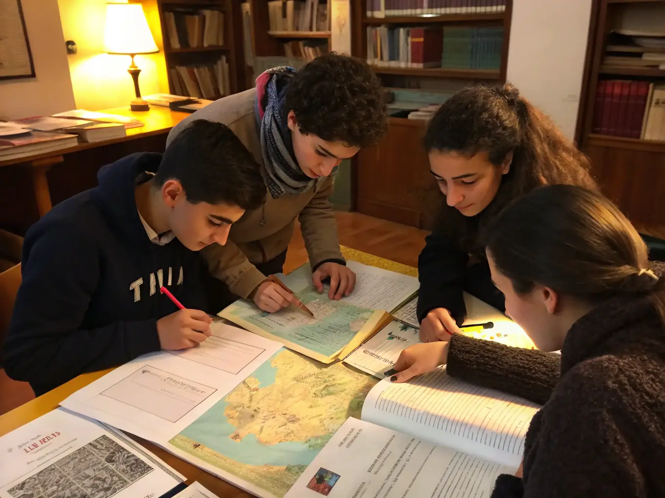 A classroom setting with students and adults gathered around a table, examining old maps and photographs, while a presenter uses a projector to display archival images, illustrating an educational seminar in progress.